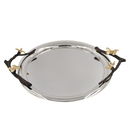 Kaf Design-Gümüş Kaplama Çiçekli Kelebekli Dallı Yuvarlak Tepsi-30181618