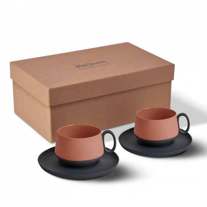 Esma Dereboy-Set Tube Tea Fijani Saucer with 2 Plates Black & Coral Black Glossy Matte-30193833